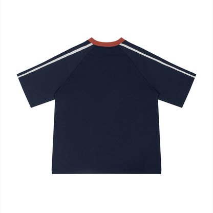 Unisex Color Block V-Neck T-Shirt in navy blue with red, alternate angle