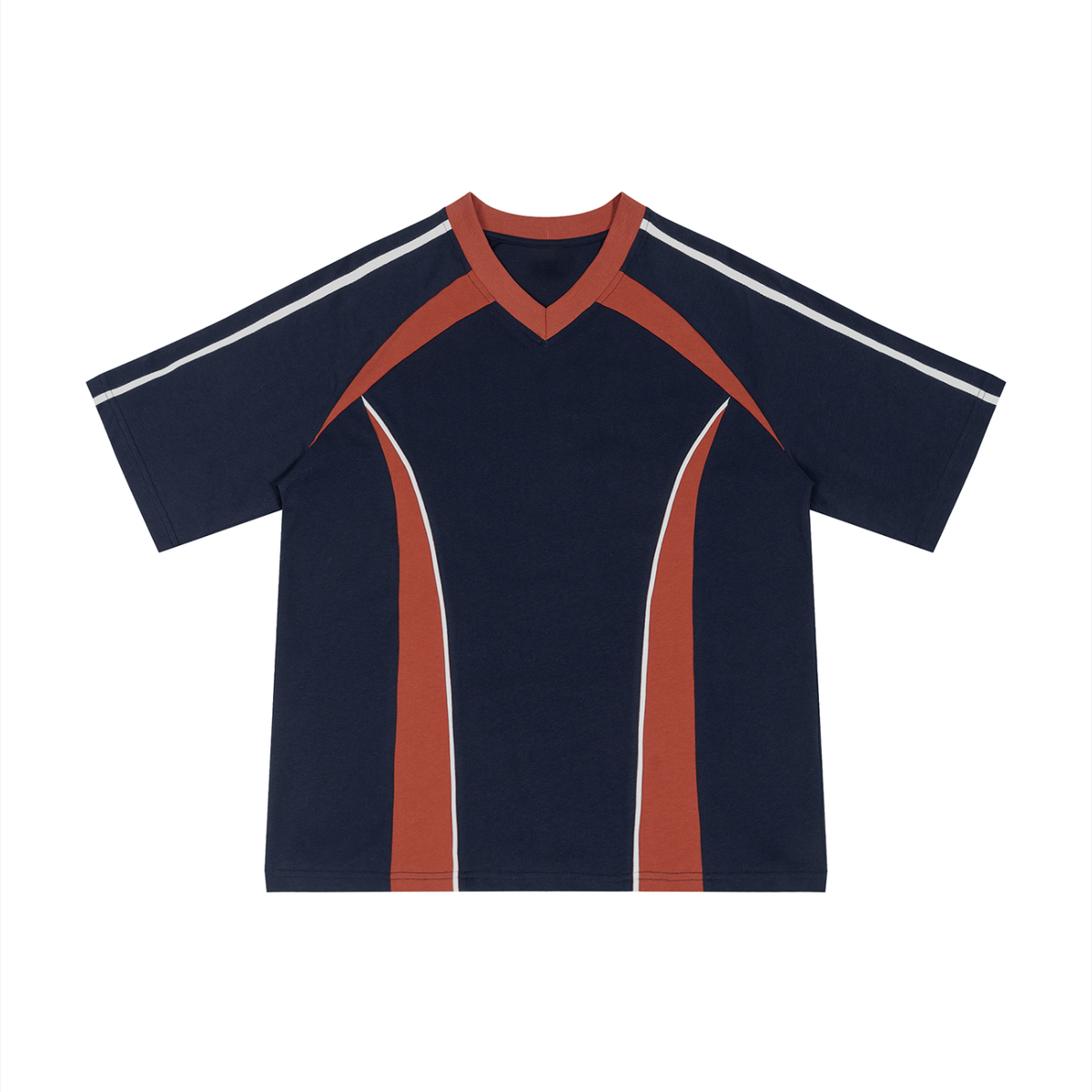 Unisex Color Block V-Neck T-Shirt in navy blue with red