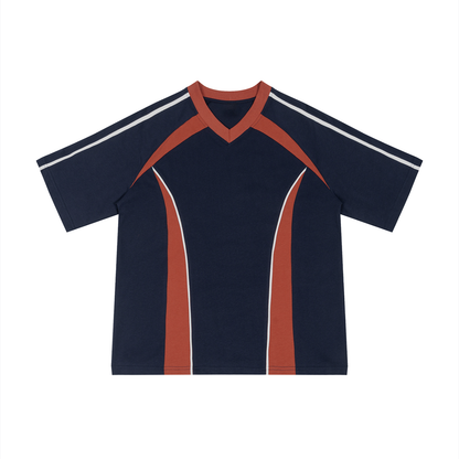 Unisex Color Block V-Neck T-Shirt in navy blue with red