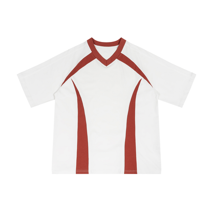 Unisex Color Block V-Neck T-Shirt in white with red