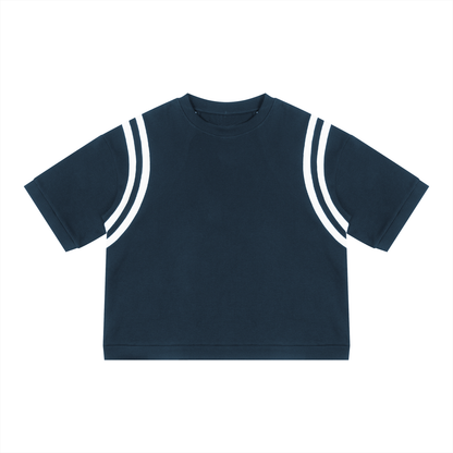 Unisex Color Block Waffle Boxy T-Shirt in navy blue with white