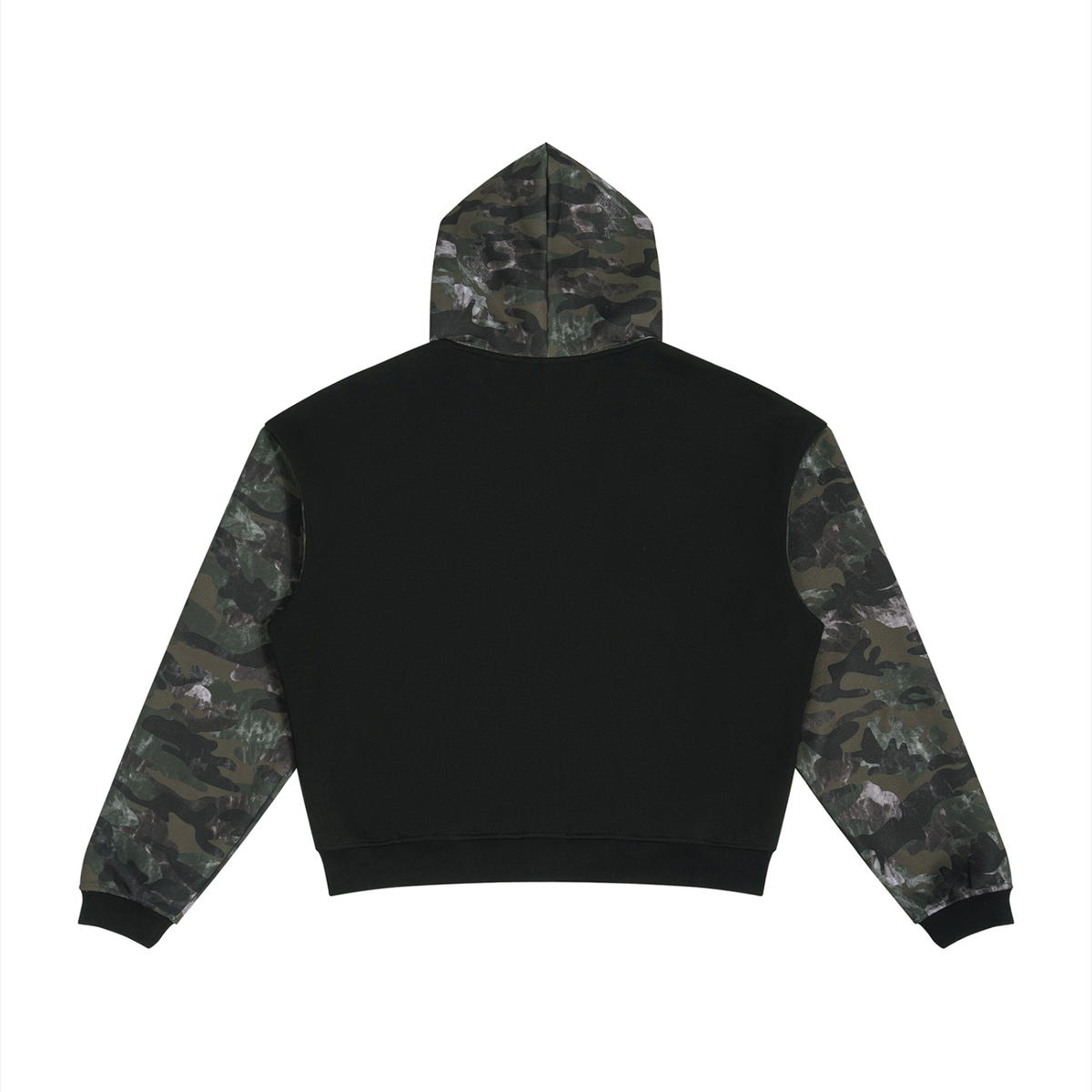 Unisex Colorblock Camo Full Zip Boxy Hoodie in black with green camo, alternate angle