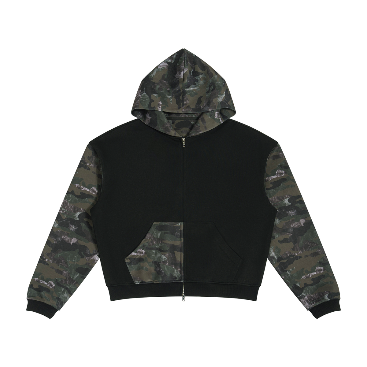Unisex Colorblock Camo Full Zip Boxy Hoodie in black with green camo