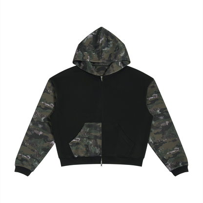 Unisex Colorblock Camo Full Zip Boxy Hoodie in black with green camo