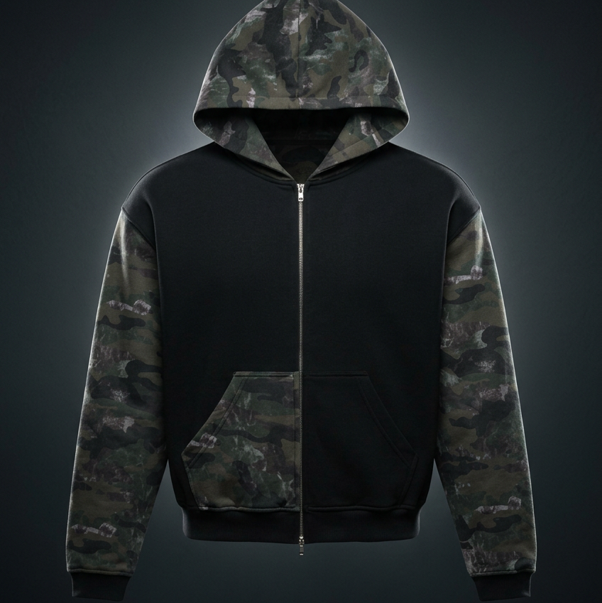 Unisex Colorblock Camo Full Zip Boxy Hoodie