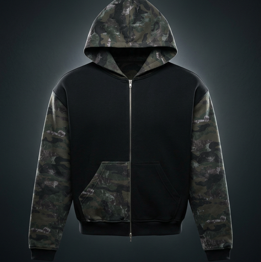 Unisex Colorblock Camo Full Zip Boxy Hoodie