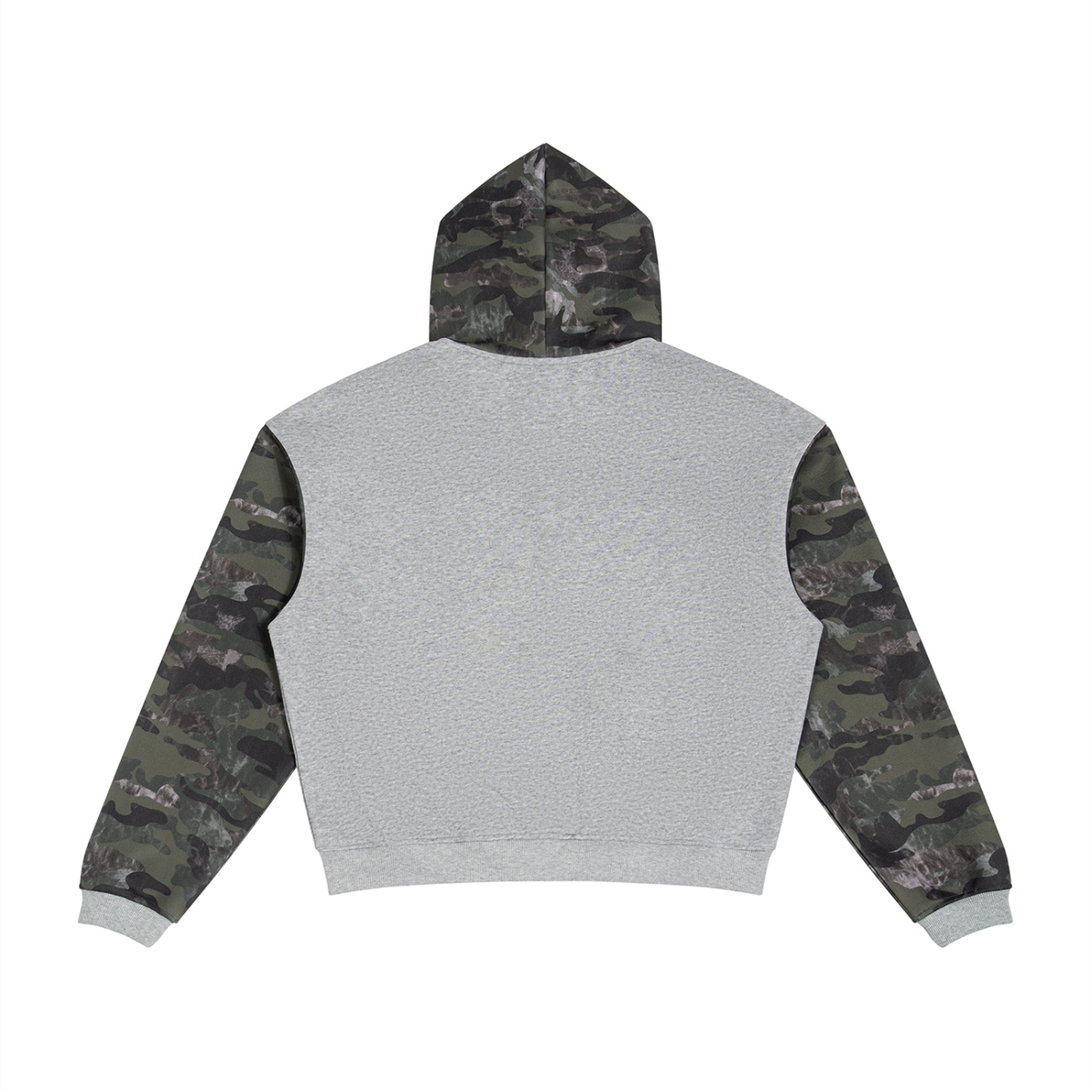 Unisex Colorblock Camo Full Zip Boxy Hoodie in flower gray with green camo, alternate angle