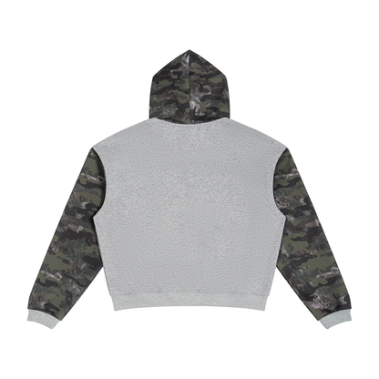 Unisex Colorblock Camo Full Zip Boxy Hoodie in flower gray with green camo, alternate angle