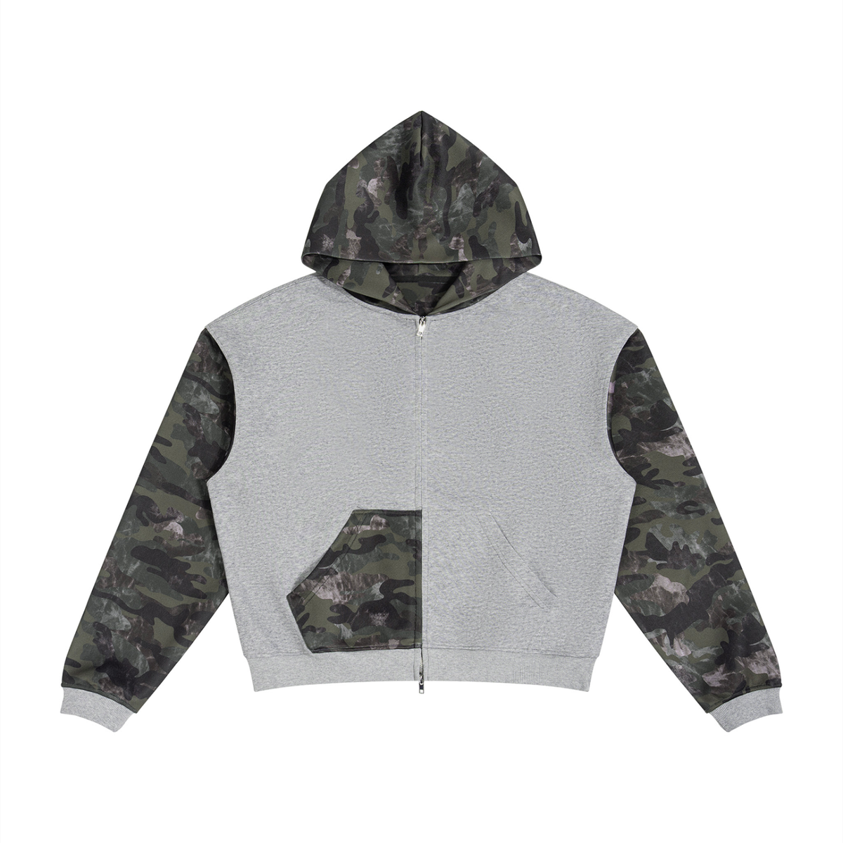 Unisex Colorblock Camo Full Zip Boxy Hoodie in flower gray with green camo