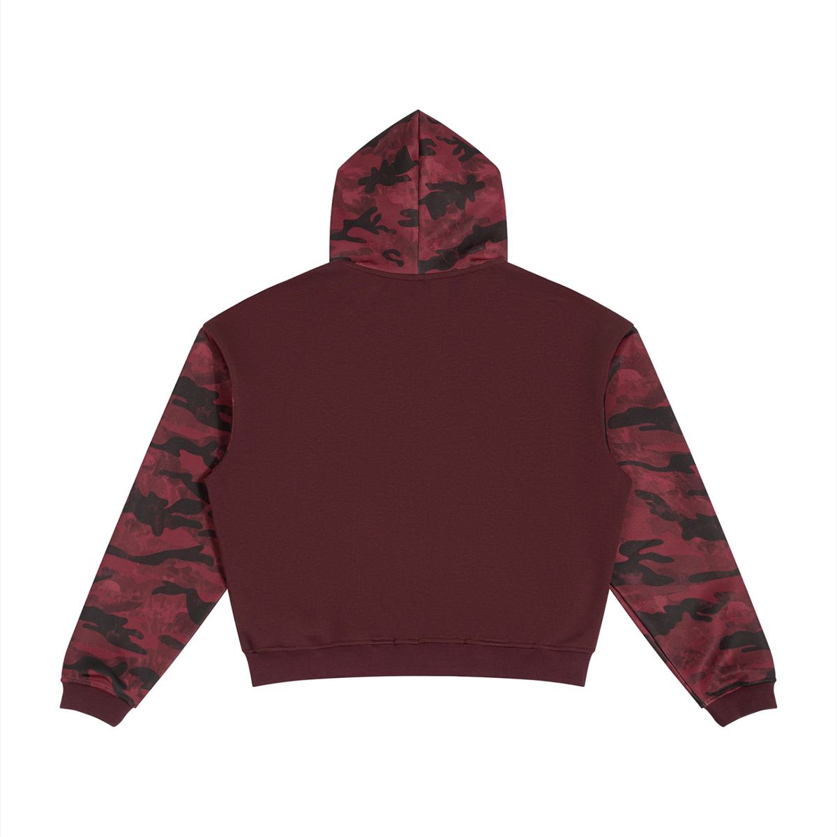 Unisex Colorblock Camo Full Zip Boxy Hoodie in wine red with red camo, alternate angle