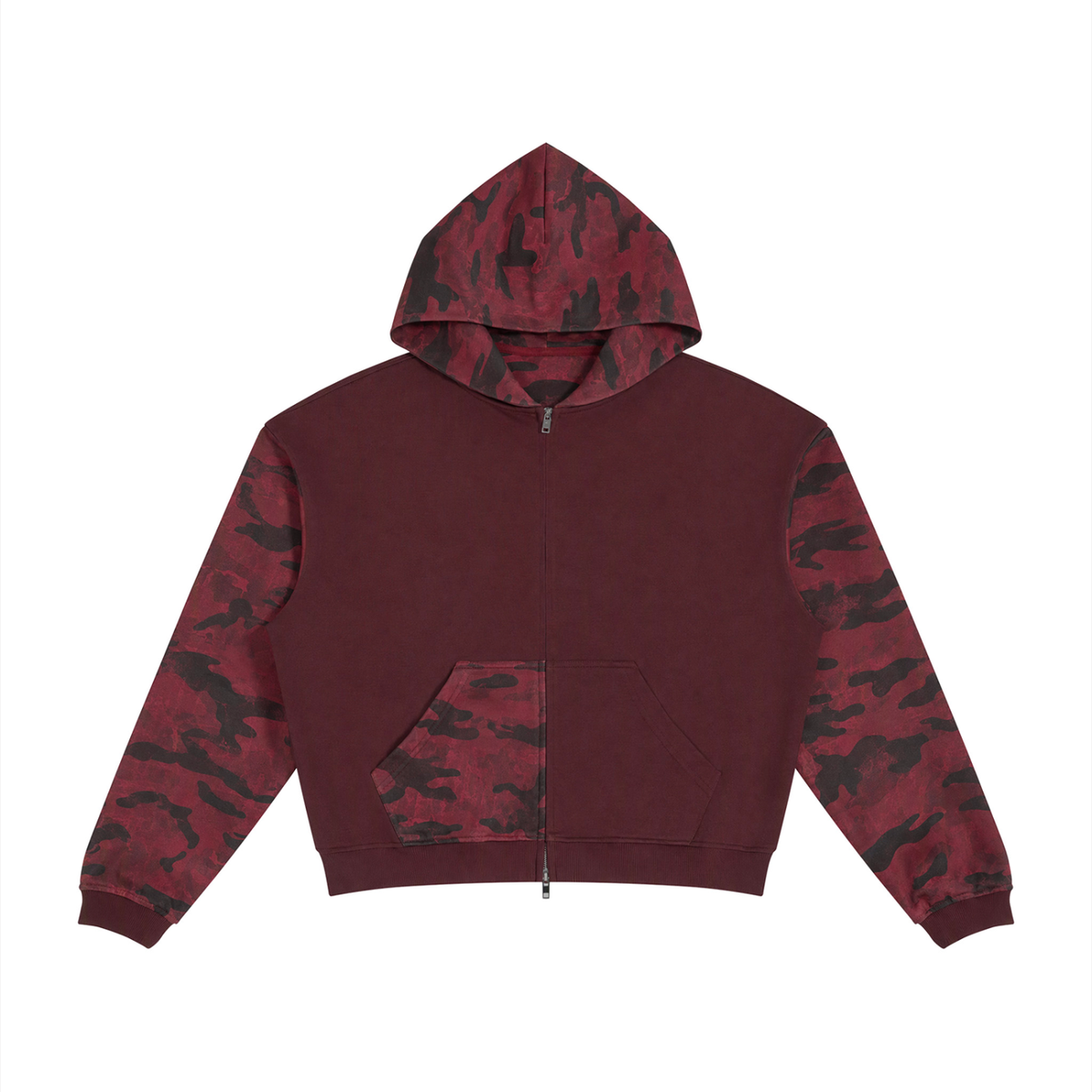 Unisex Colorblock Camo Full Zip Boxy Hoodie in wine red with red camo