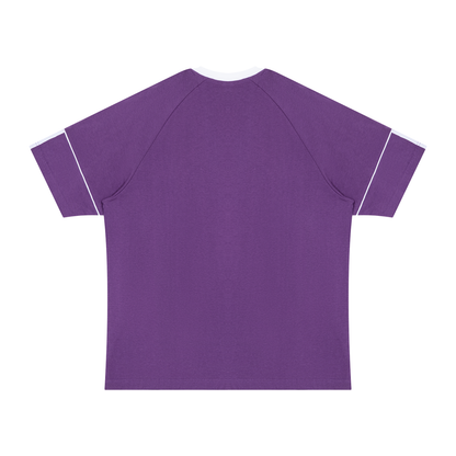 Unisex Contrast Panel Raglan T-Shirt in purple with white, alternate angle