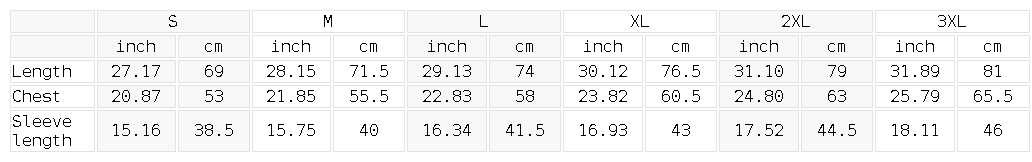 Size chart for the Unisex Contrast Panel Raglan T-Shirt