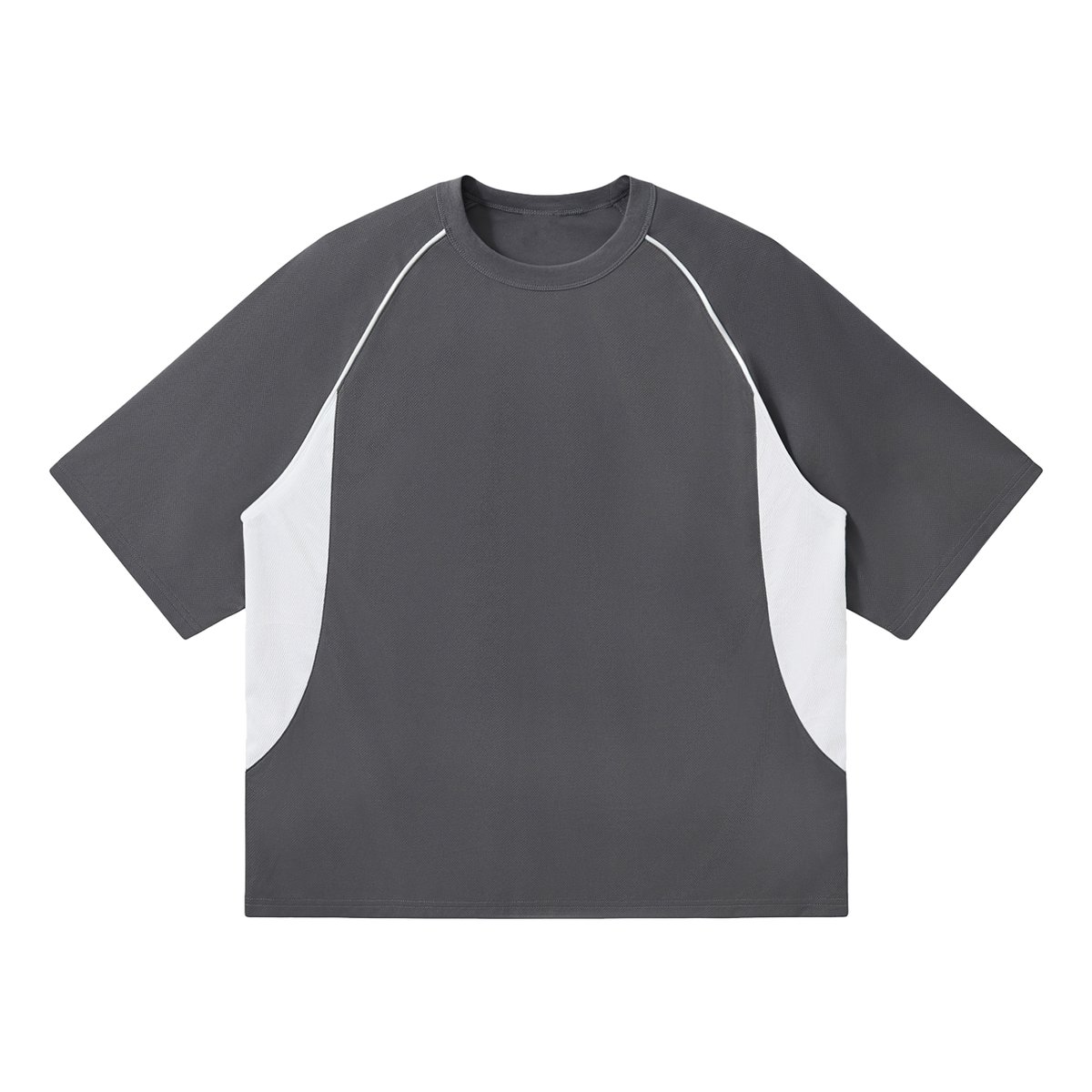 Unisex Contrast Piping Panel Raglan T-Shirt in dark gray with white