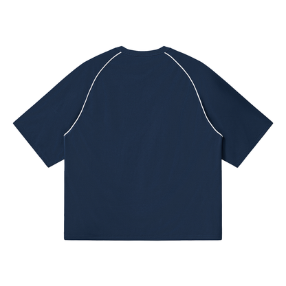 Unisex Contrast Piping Panel Raglan T-Shirt in navy blue with white, alternate angle