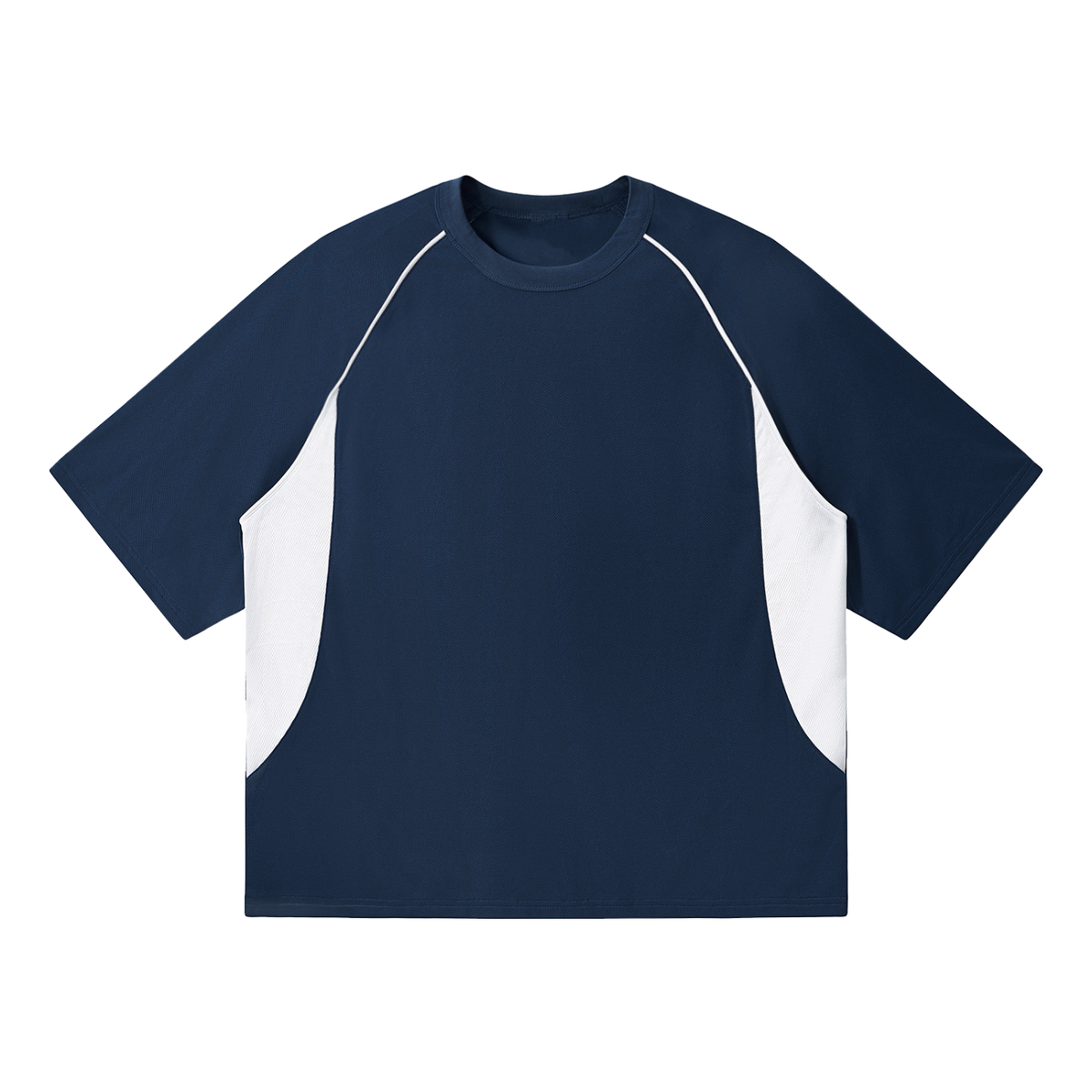 Unisex Contrast Piping Panel Raglan T-Shirt in navy blue with white