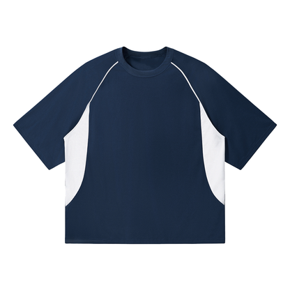 Unisex Contrast Piping Panel Raglan T-Shirt in navy blue with white