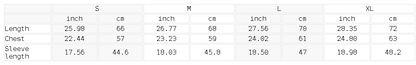 Size chart for the Unisex Contrast Piping Panel Raglan T-Shirt