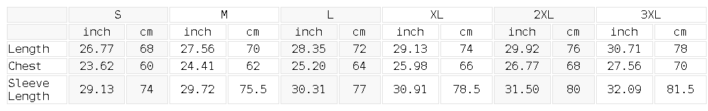 Size chart for the Unisex Contrast Piping Raglan Hoodie