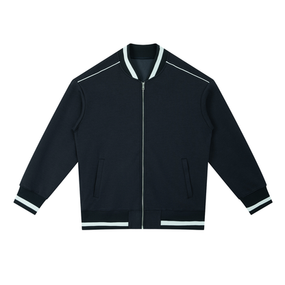Unisex Contrast Piping Zip Bomber Jacket in navy blue