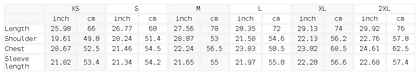 Size chart for the Unisex Contrast Piping Zip Bomber Jacket