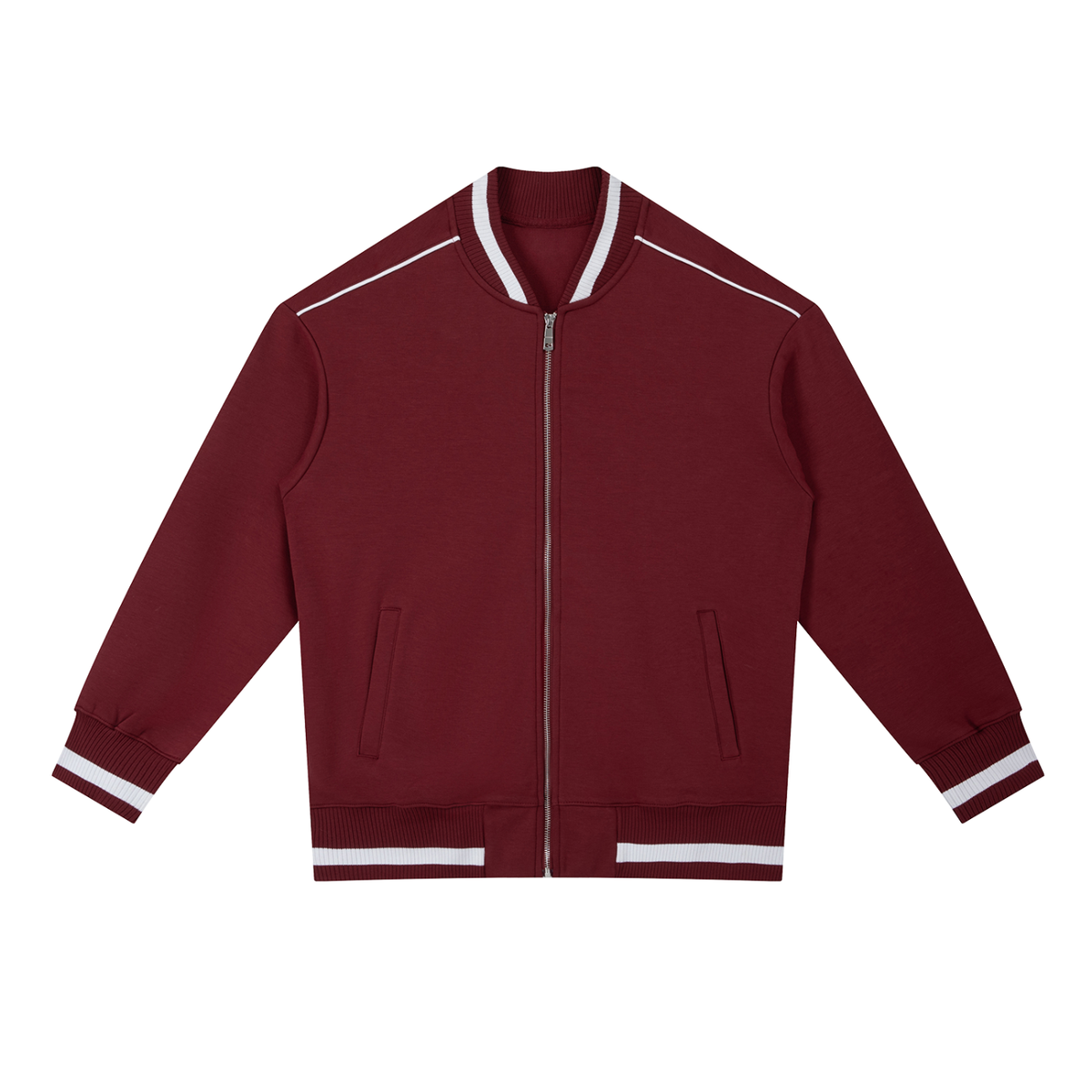 Unisex Contrast Piping Zip Bomber Jacket in wine red