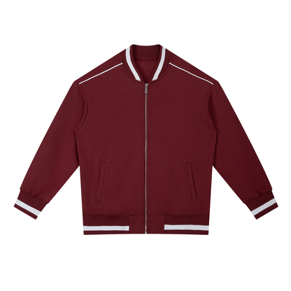 Unisex Contrast Piping Zip Bomber Jacket in wine red