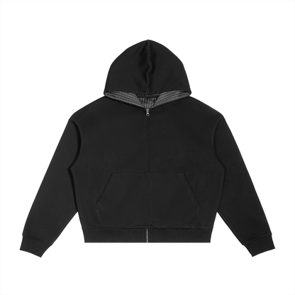 Unisex Contrast Plaid Boxy Zip Hoodie in black