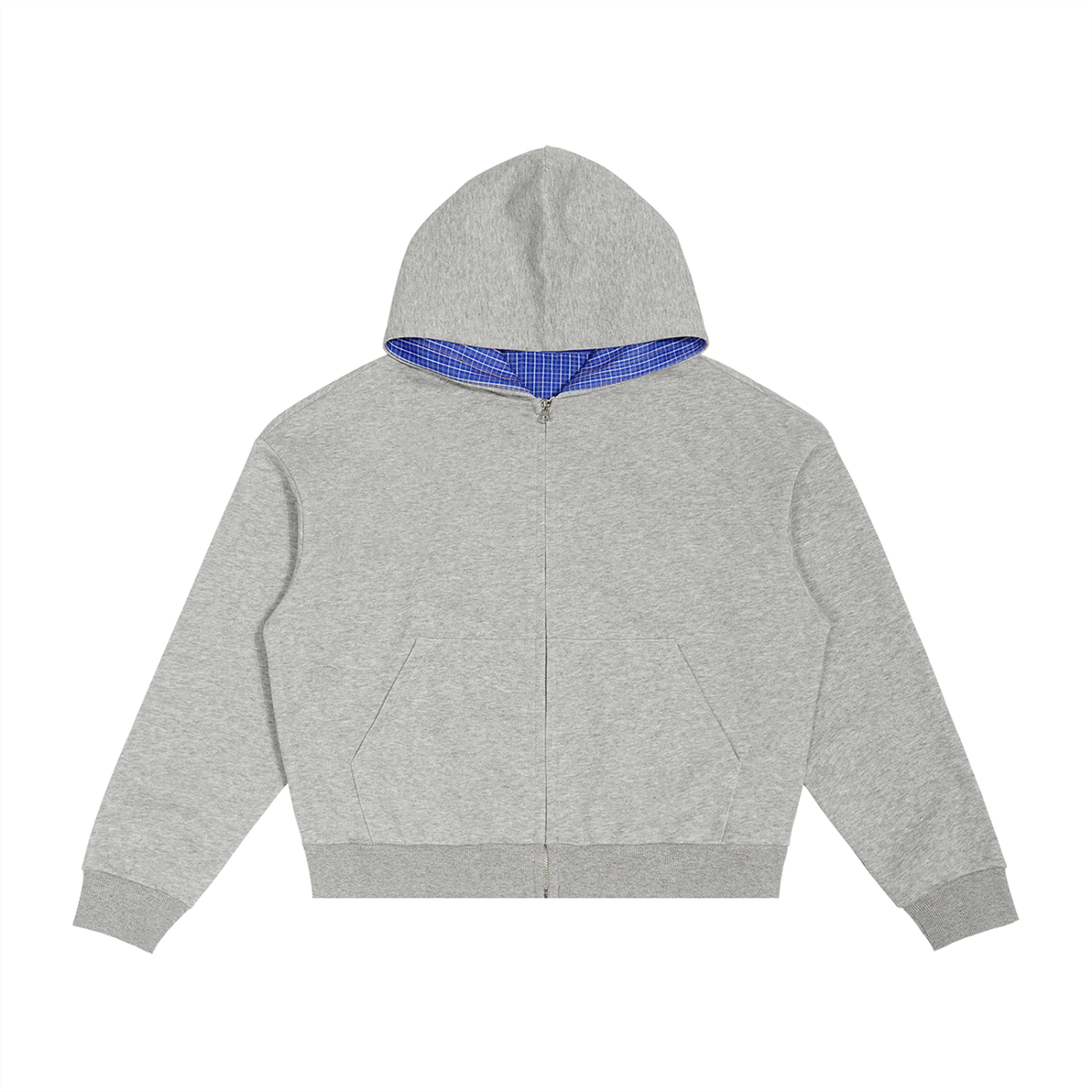 Unisex Contrast Plaid Boxy Zip Hoodie in flower gray