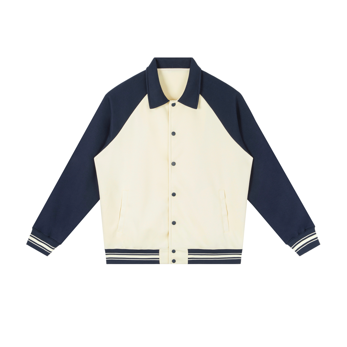 Unisex Contrast Raglan Sleeve Baseball Jacket in apricot with navy blue