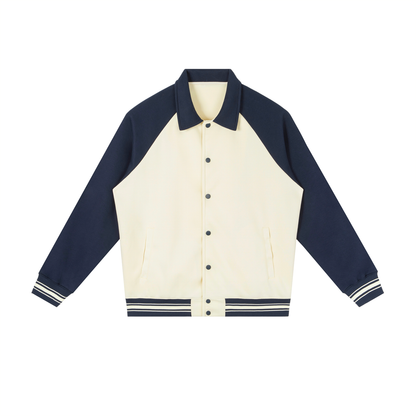 Unisex Contrast Raglan Sleeve Baseball Jacket in apricot with navy blue