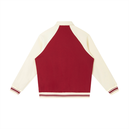 Unisex Contrast Raglan Sleeve Baseball Jacket in garnet with apricot, alternate angle