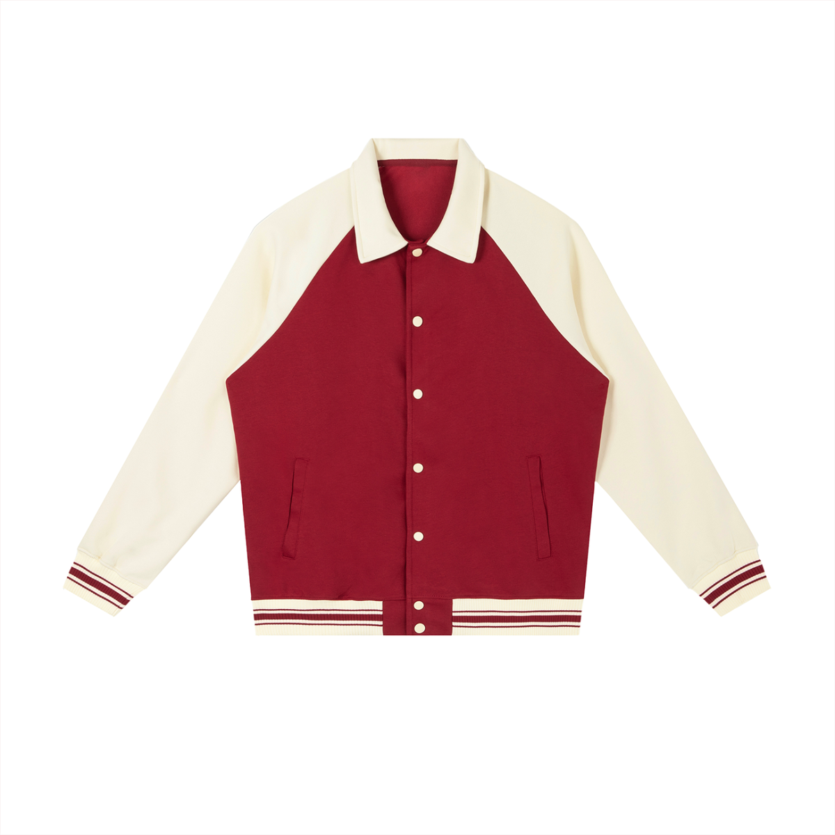Unisex Contrast Raglan Sleeve Baseball Jacket in garnet with apricot