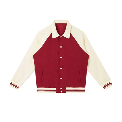 Unisex Contrast Raglan Sleeve Baseball Jacket in garnet with apricot