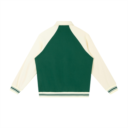 Unisex Contrast Raglan Sleeve Baseball Jacket in green with apricot, alternate angle
