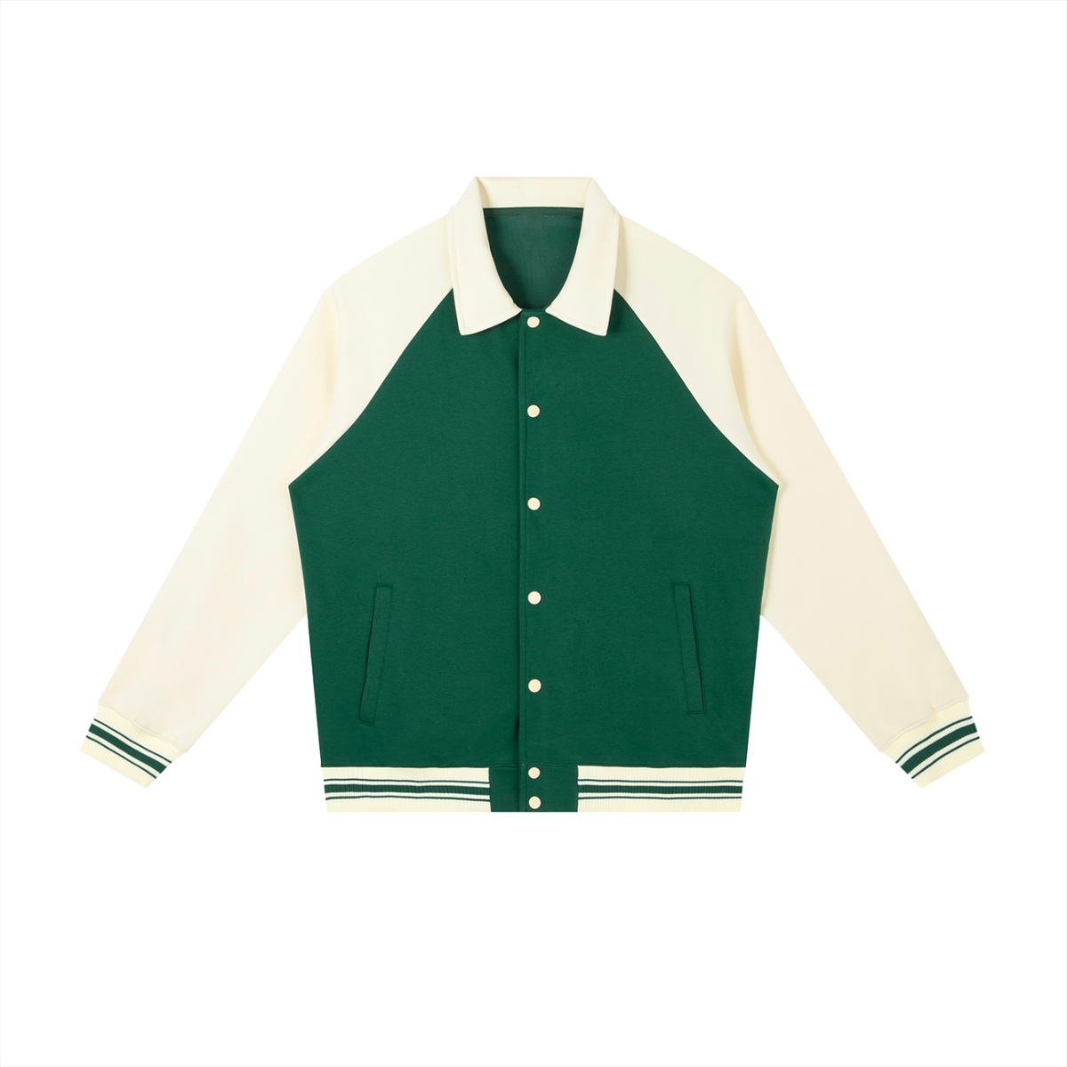 Unisex Contrast Raglan Sleeve Baseball Jacket in green with apricot