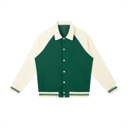 Unisex Contrast Raglan Sleeve Baseball Jacket in green with apricot