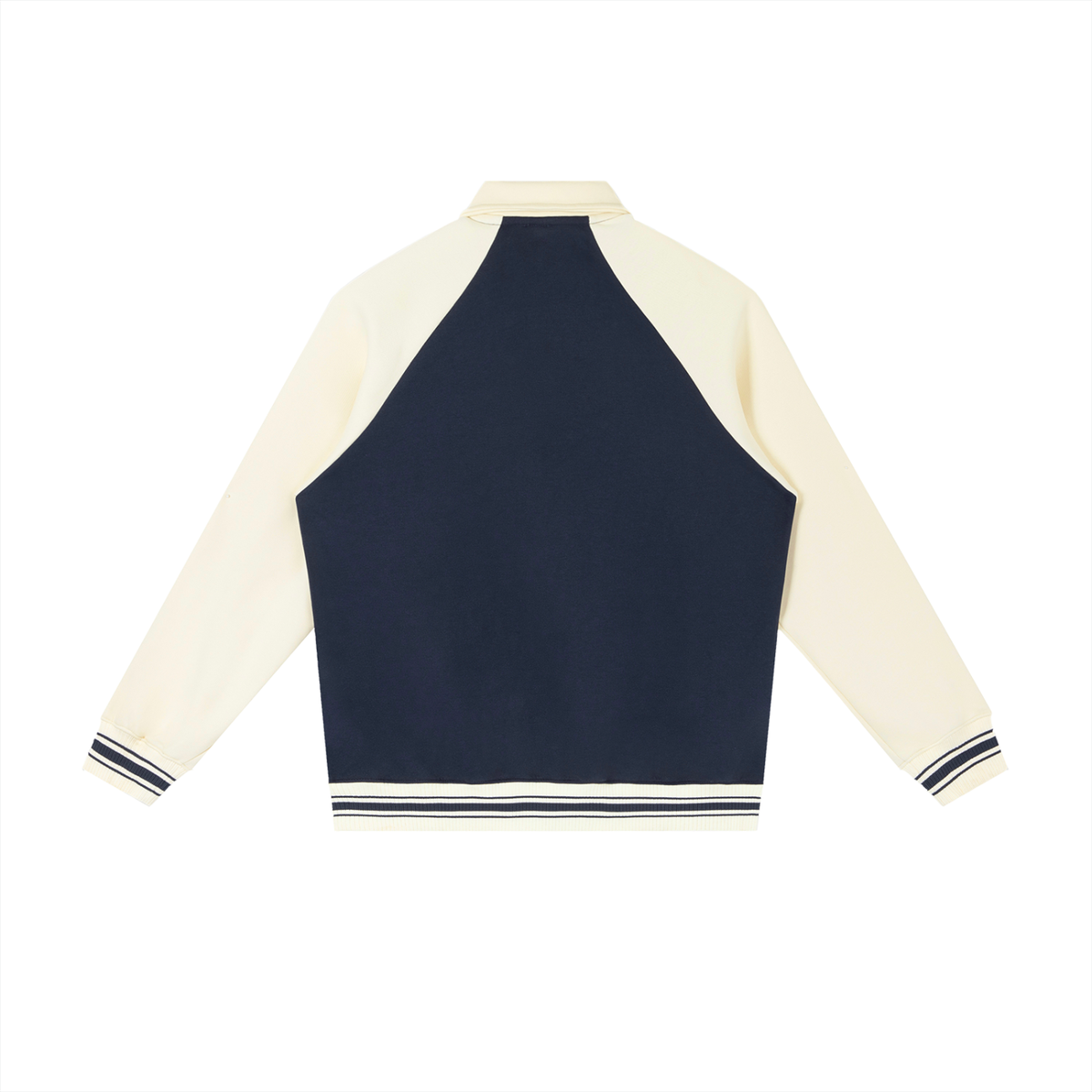 Unisex Contrast Raglan Sleeve Baseball Jacket in navy blue with apricot, alternate angle