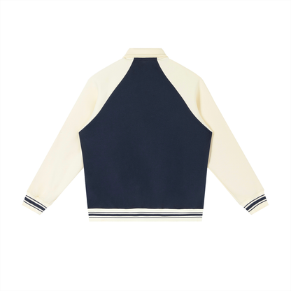 Unisex Contrast Raglan Sleeve Baseball Jacket in navy blue with apricot, alternate angle