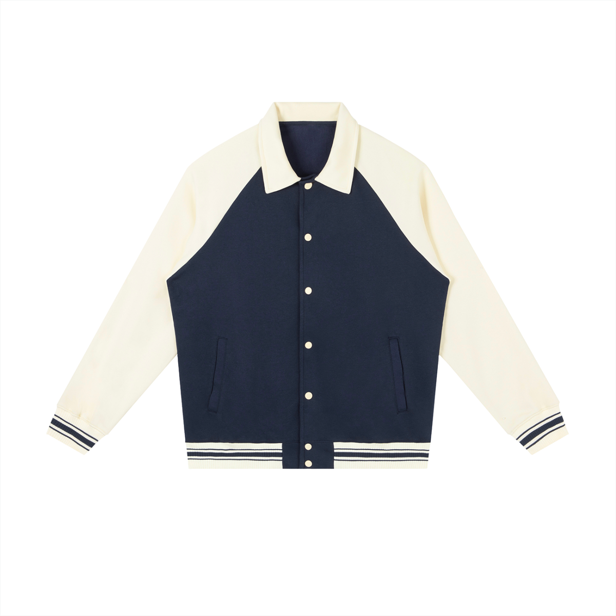 Unisex Contrast Raglan Sleeve Baseball Jacket in navy blue with apricot