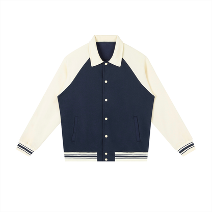 Unisex Contrast Raglan Sleeve Baseball Jacket in navy blue with apricot