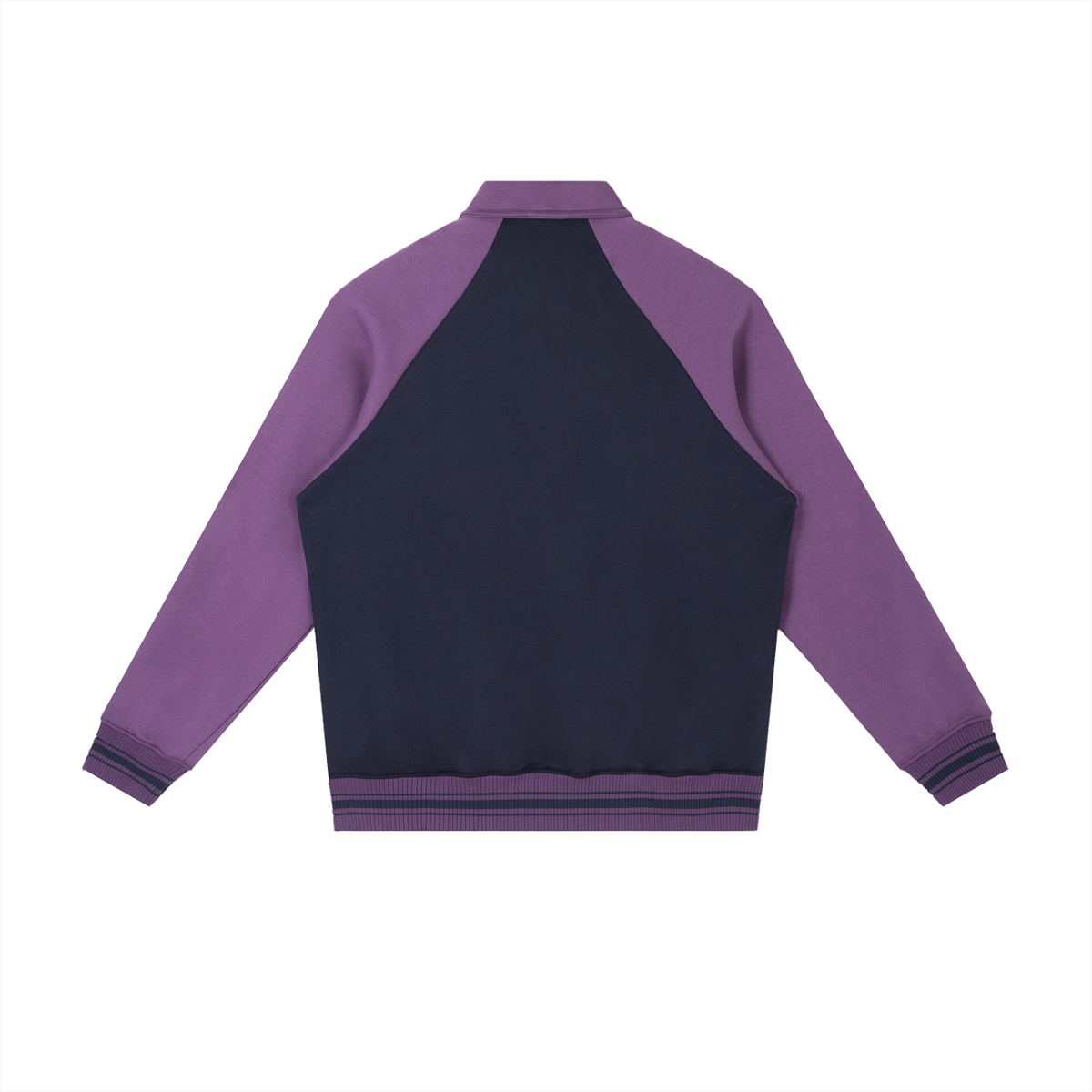 Unisex Contrast Raglan Sleeve Baseball Jacket in navy blue with purple, alternate angle