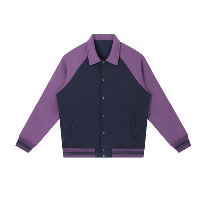 Unisex Contrast Raglan Sleeve Baseball Jacket in navy blue with purple