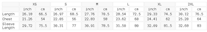 Size chart for the Unisex Contrast Raglan Sleeve Baseball Jacket