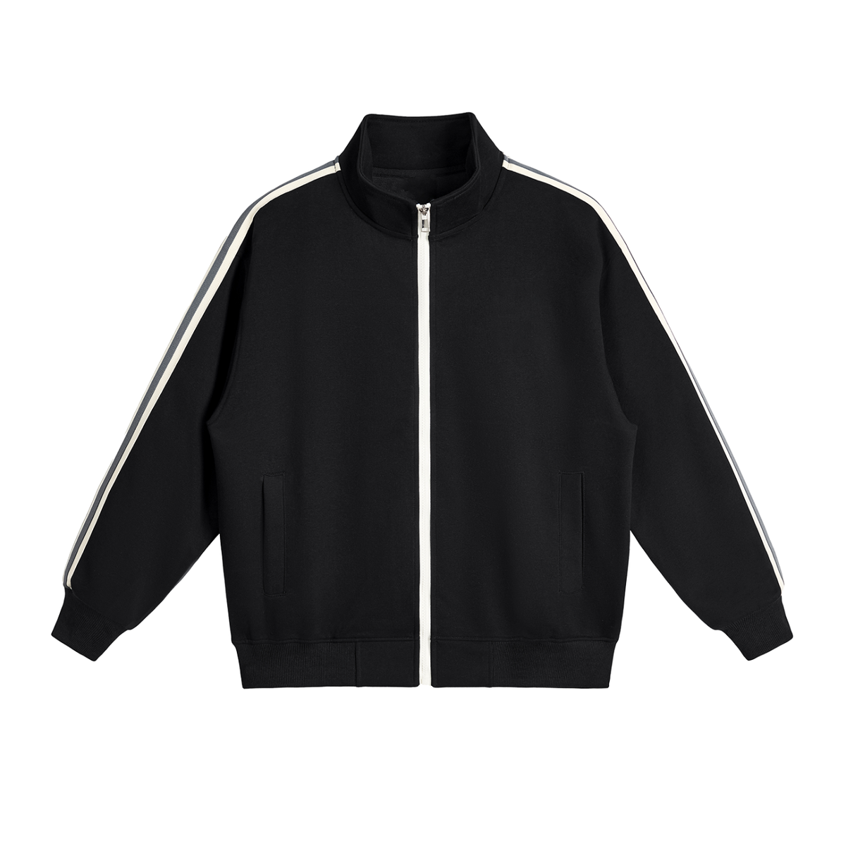 Unisex Contrast Side-Stripe Stand Collar Jacket in black