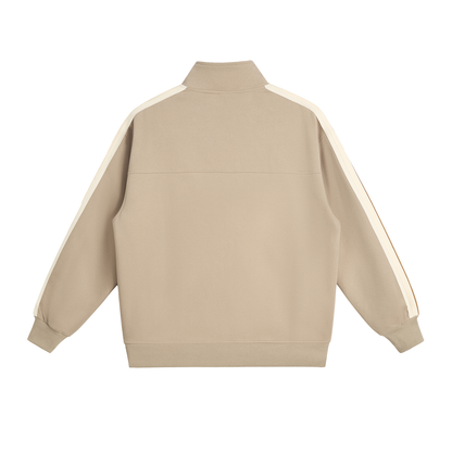 Unisex Contrast Side-Stripe Stand Collar Jacket in khaki, alternate angle