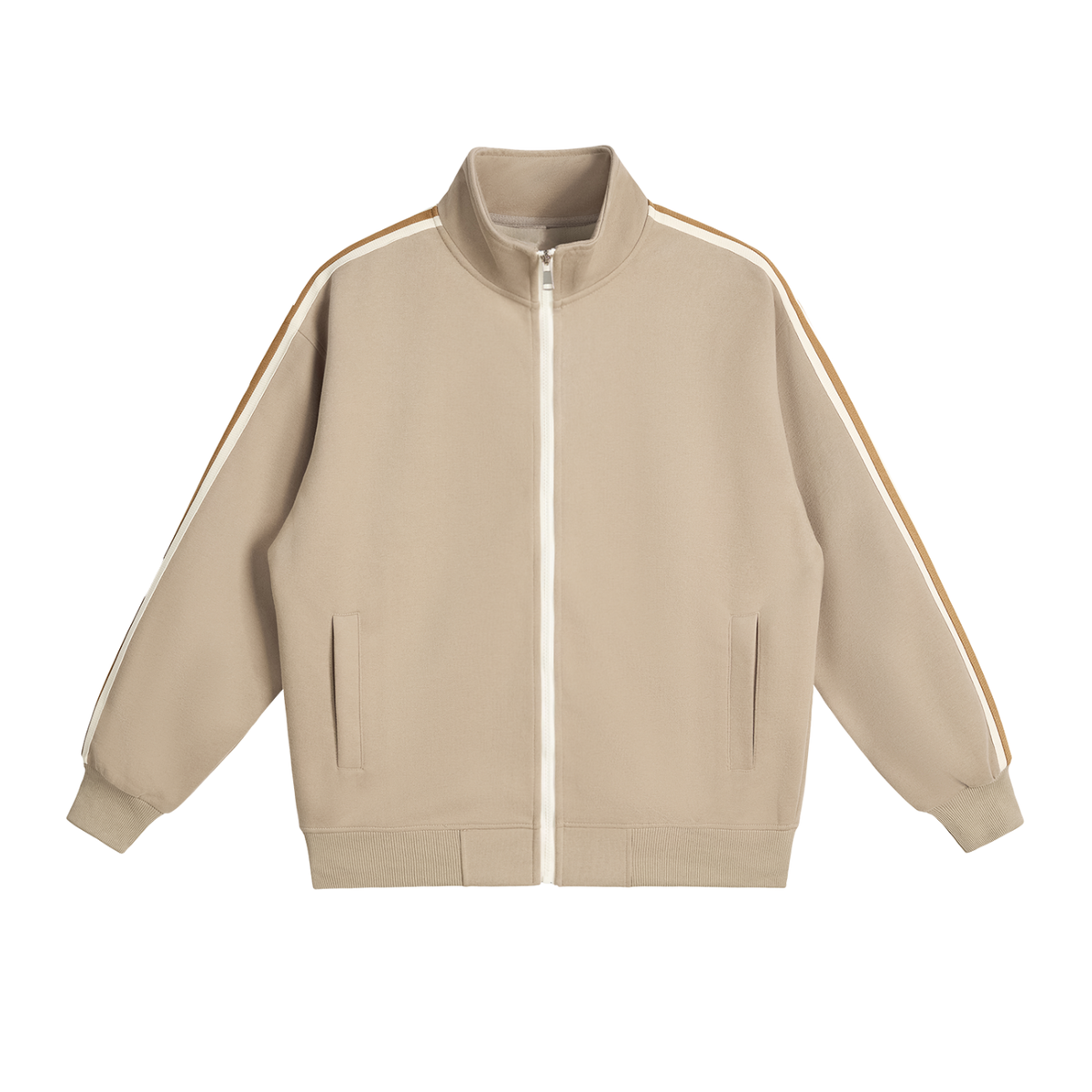 Unisex Contrast Side-Stripe Stand Collar Jacket in khaki