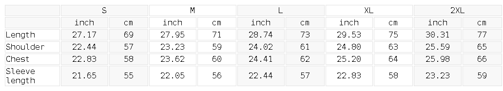 Size chart for the Unisex Contrast Side-Stripe Stand Collar Jacket