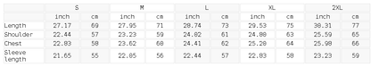 Size chart for the Unisex Contrast Side-Stripe Stand Collar Jacket