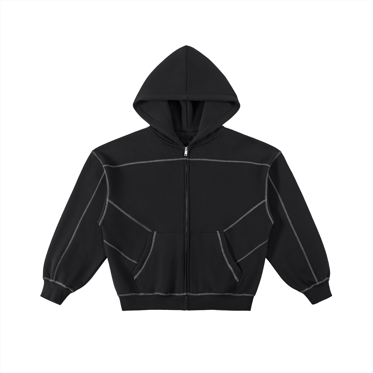 Unisex Contrast-Stitched Boxy Fleece Zip Hoodie in black